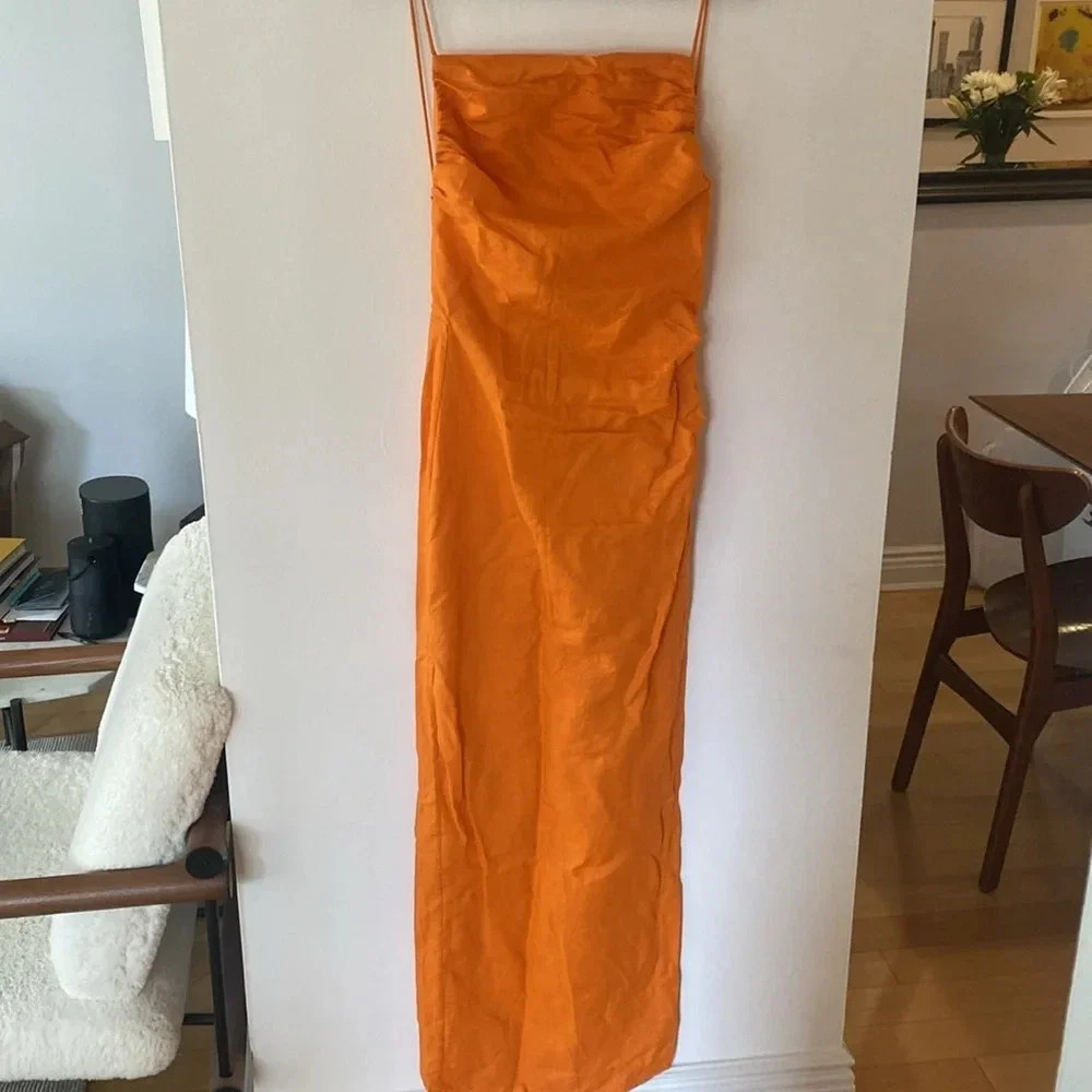 Ronny Kobo Clark Linen Blend Open Back Maxi Dress Ruched Bodycon Orange Size S - Picture 8 of 15